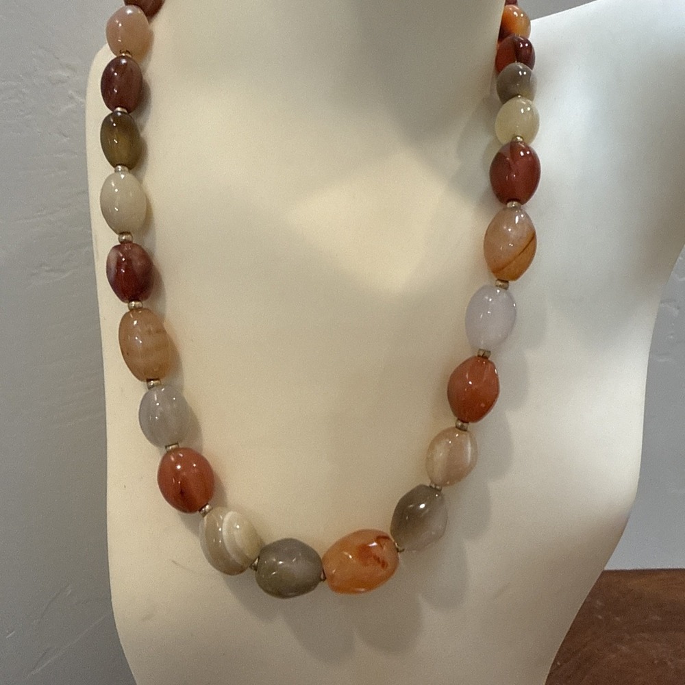 Vintage Chunky Carnelian Agate Stone Bead Necklace 14K Gold Filled Clasp Heavy